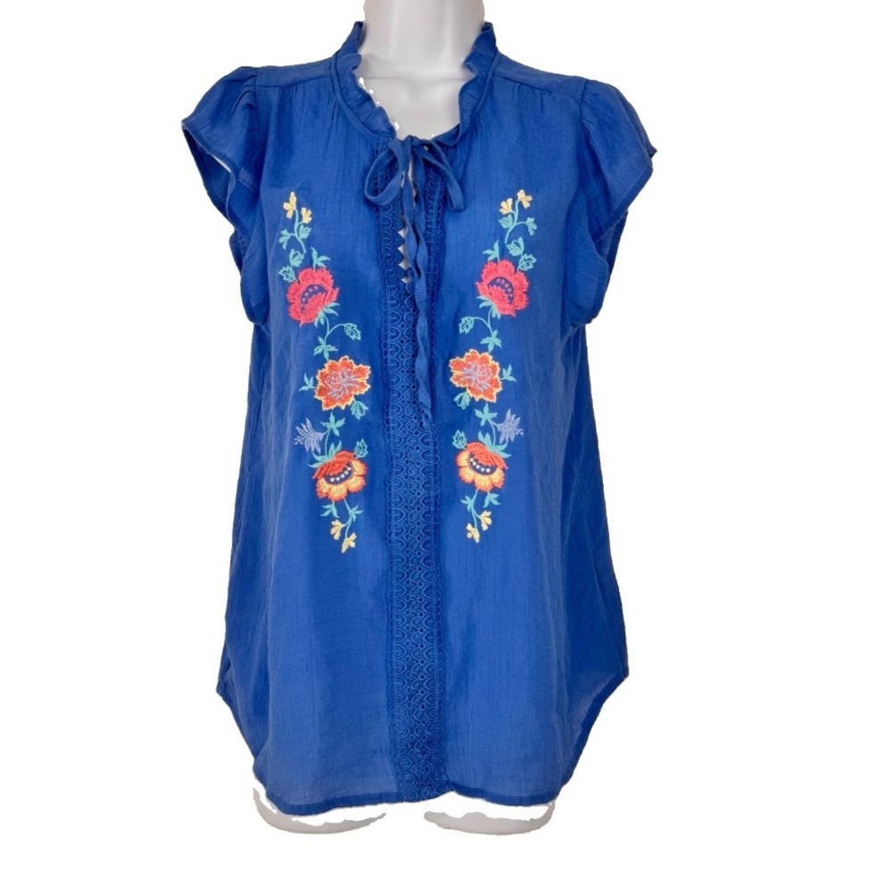 Blu Pepper Top Women L Blue Flutter Sleeve Floral Embroidered Boho Blouse CR2064